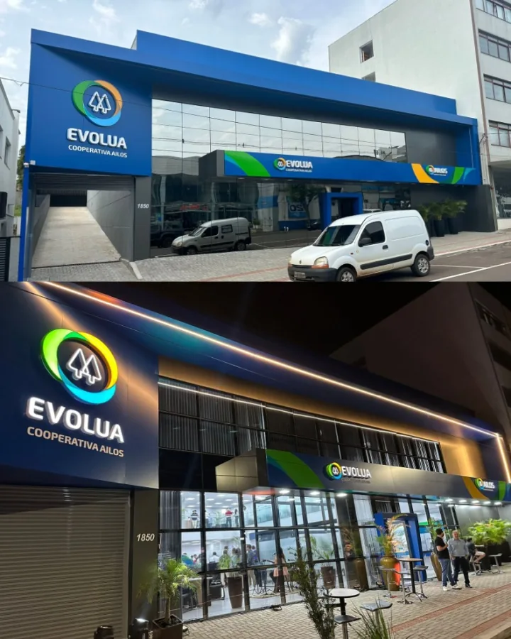 Fachada comercial da cooperativa Evolua produzida pela Painecolor